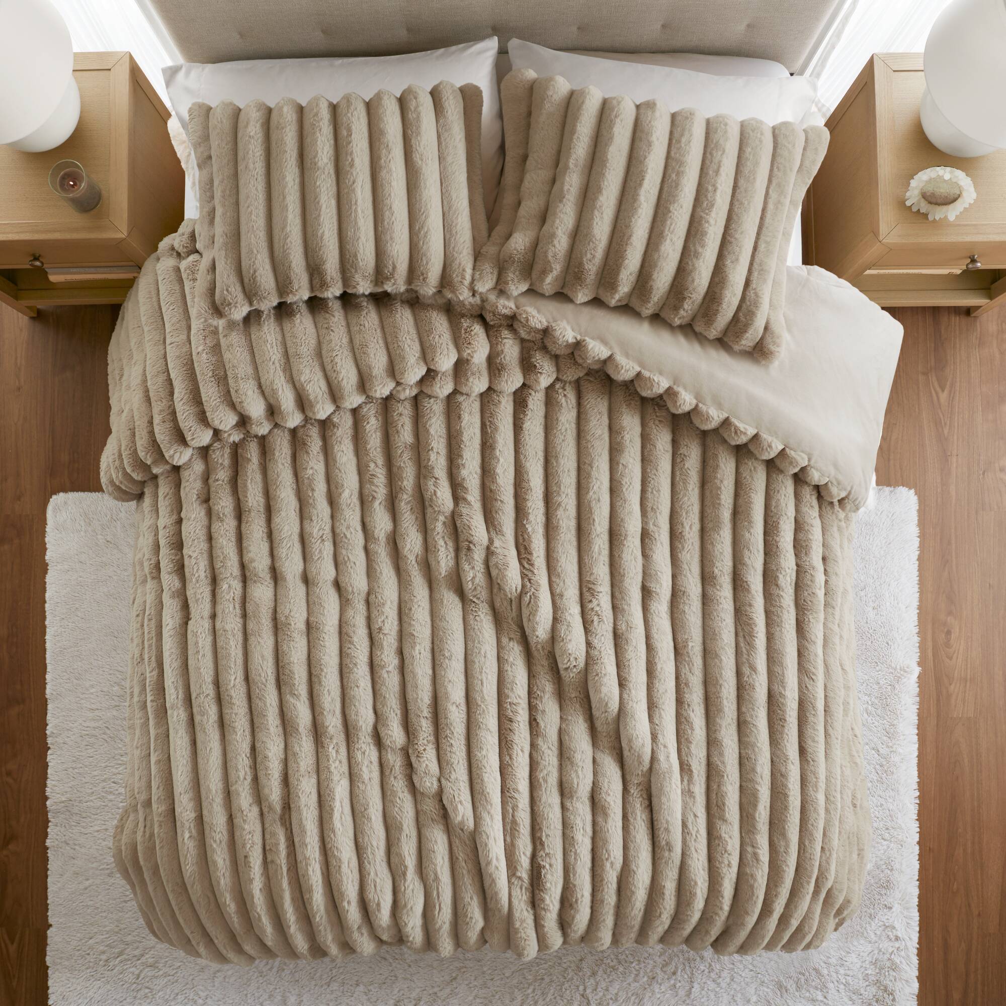Madison Park Jasmine Faux Fur Comforter Set — Taupe, shams detail