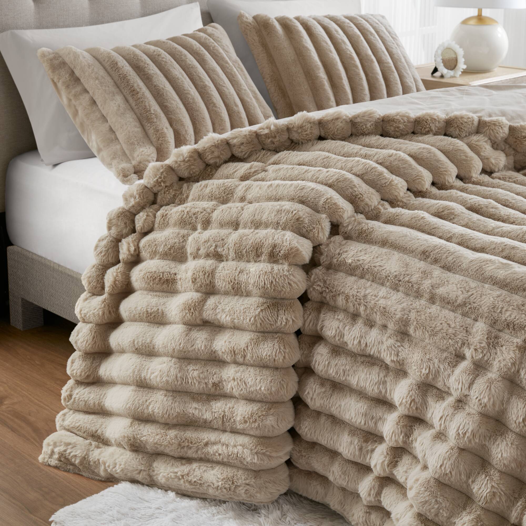 Madison Park Jasmine Faux Fur Comforter Set — Taupe, lifestyle view