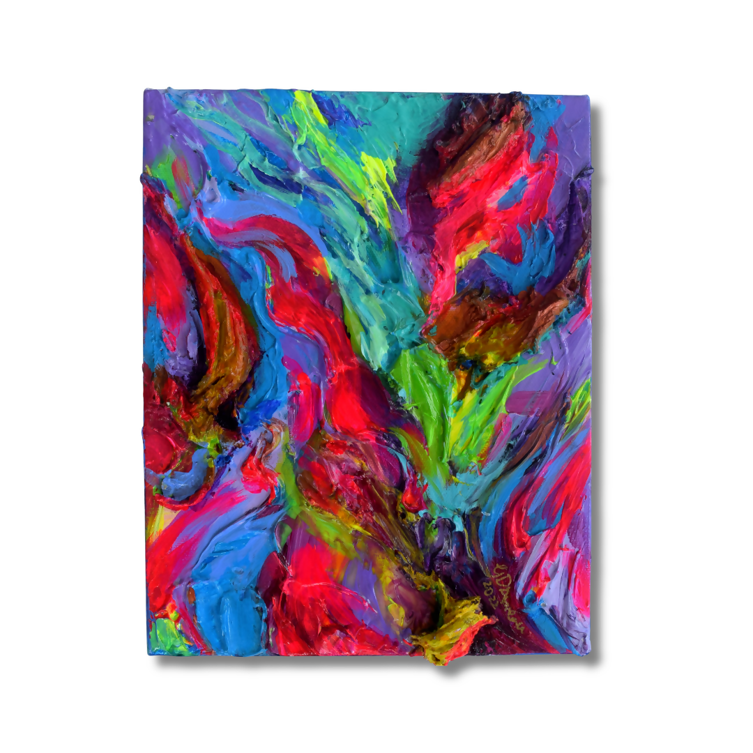 An abstract painting on canvas featuring vibrant, textured brushstrokes of red, blue, purple, green, and yellow, presented against a clean white background.