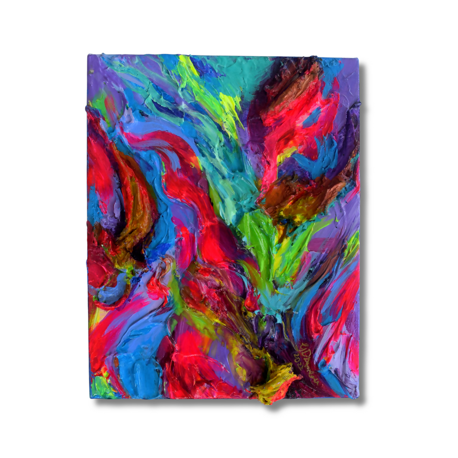 An abstract painting on canvas featuring vibrant, textured brushstrokes of red, blue, purple, green, and yellow, presented against a clean white background.
