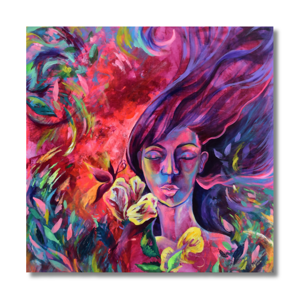 A colorful abstract painting of a woman's face with flowing hair, surrounded by vivid floral and brushstroke elements in pink, purple, red, blue, green, and yellow, shown as a square art print on a white background.
