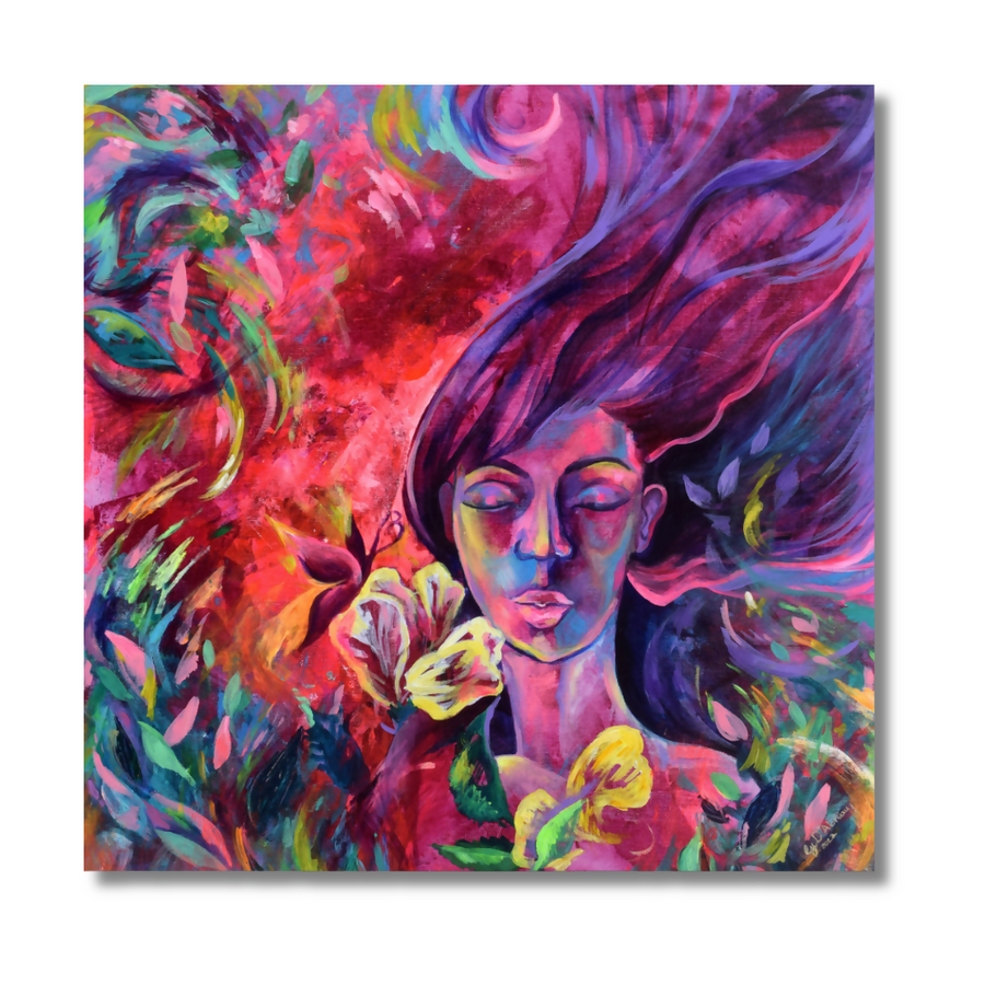 A colorful abstract painting of a woman's face with flowing hair, surrounded by vivid floral and brushstroke elements in pink, purple, red, blue, green, and yellow, shown as a square art print on a white background.