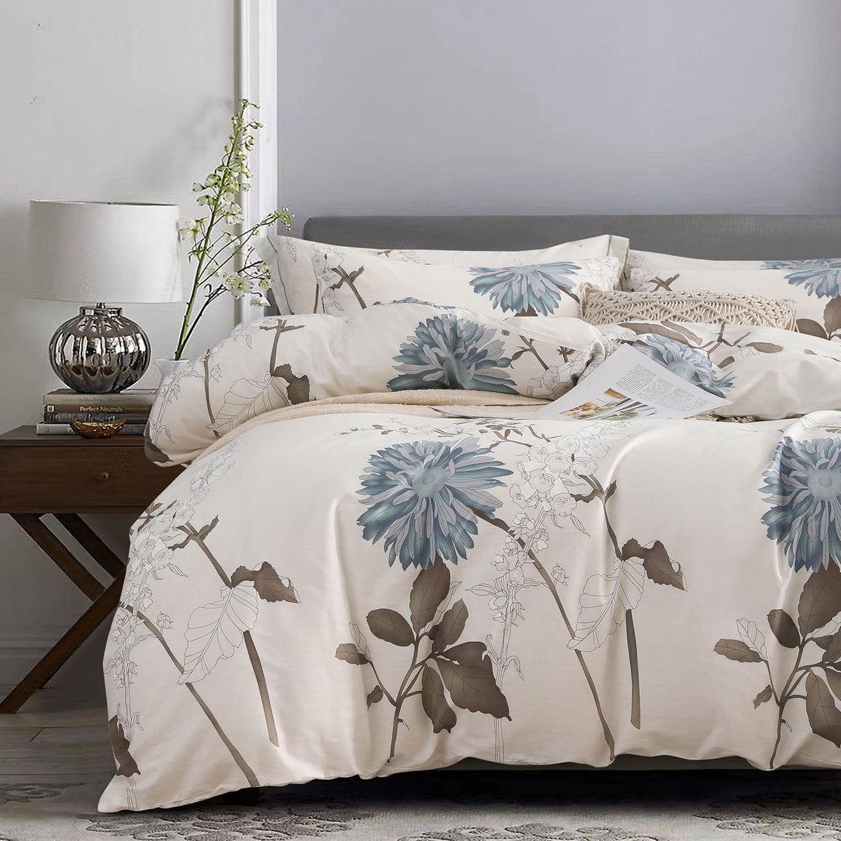 SLEEPBELLA Comforter Set, 600TC Cotton Down Alternative, 3-Piece Botanical Floral (Off-White)