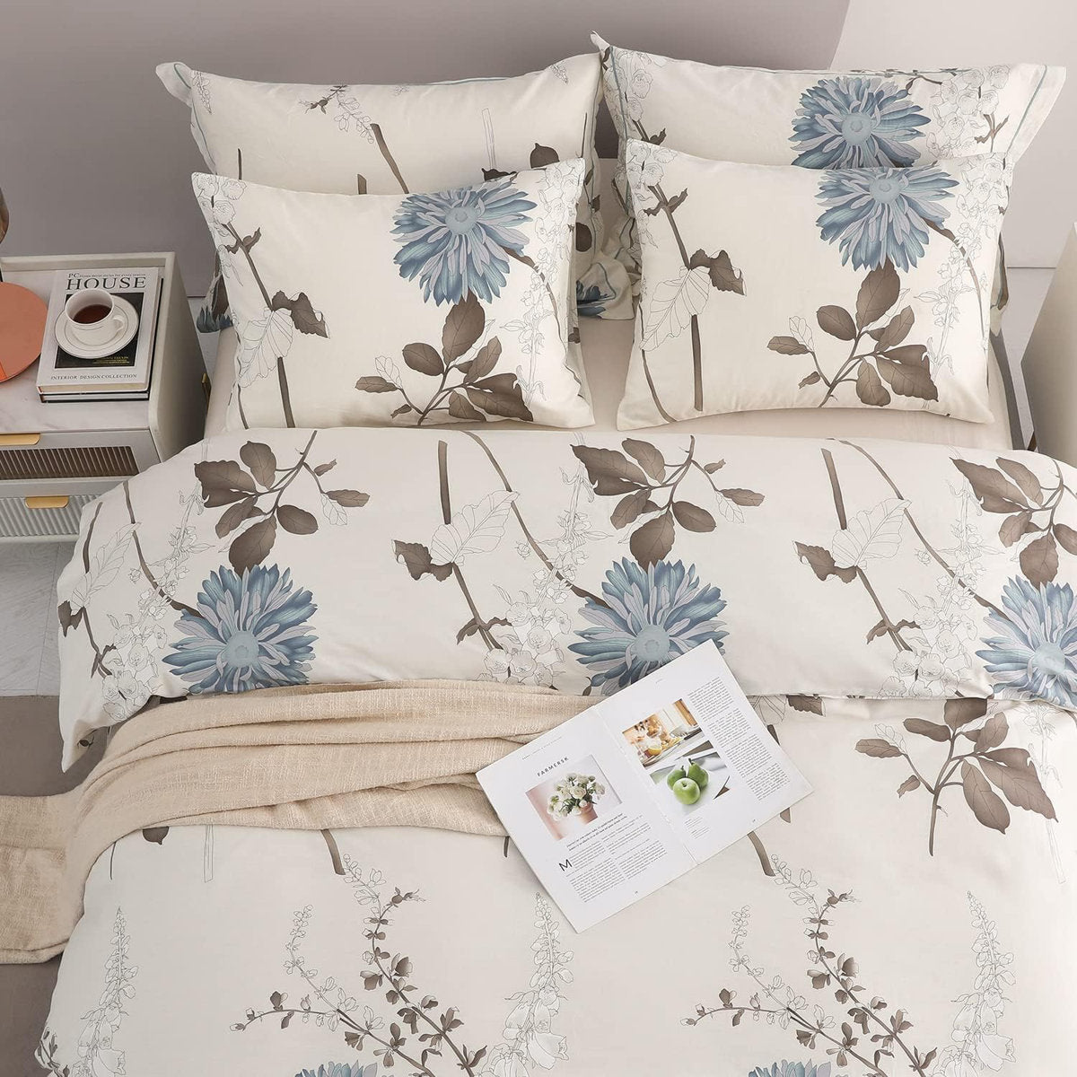 SLEEPBELLA Comforter Set, 600TC Cotton Down Alternative, 3-Piece Botanical Floral (Off-White)