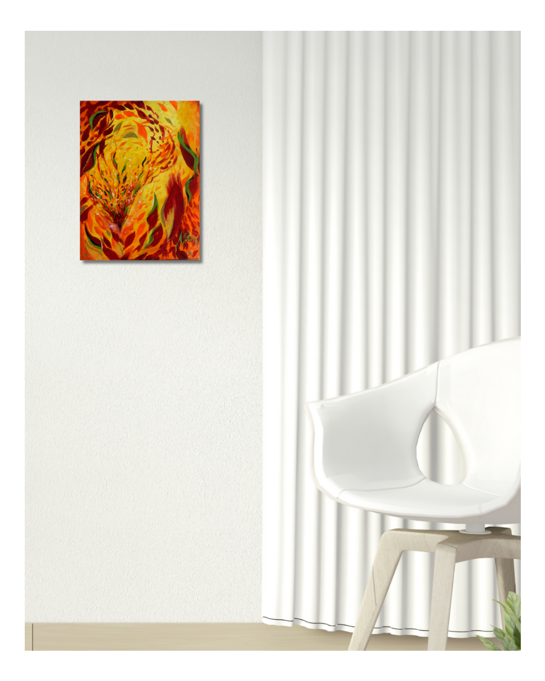 An abstract painting of a tiger in vibrant orange, yellow, and red tones, displayed on a textured white wall in a modern room setting with a white chair and curtains.