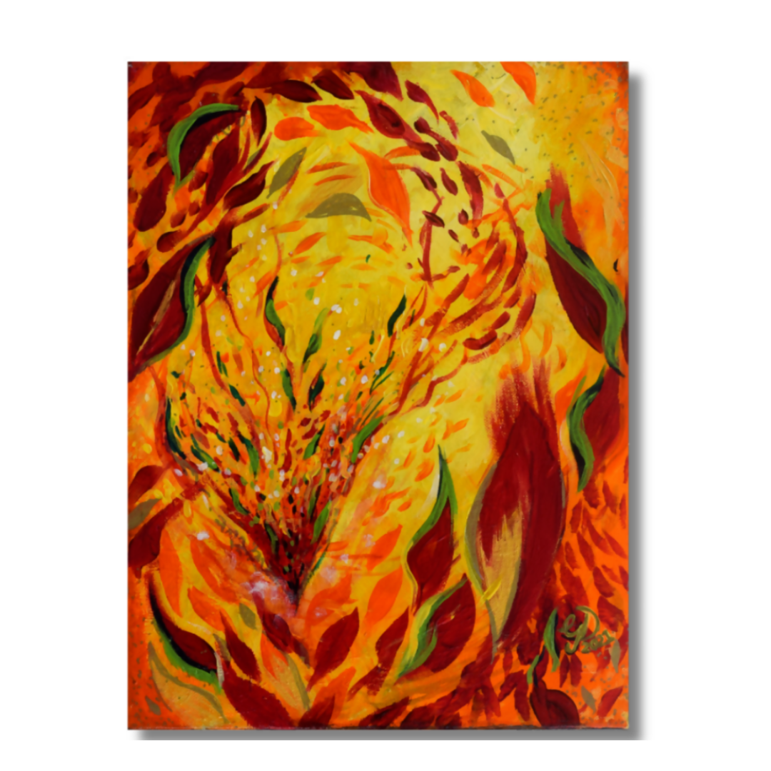 An abstract painting on canvas featuring a vibrant, fiery composition of yellow, orange, red, and green brushstrokes, displayed against a clean white background with a subtle drop shadow.