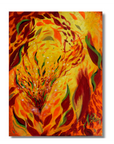 An abstract painting on canvas featuring a vibrant, fiery composition of yellow, orange, red, and green brushstrokes, displayed against a clean white background with a subtle drop shadow.