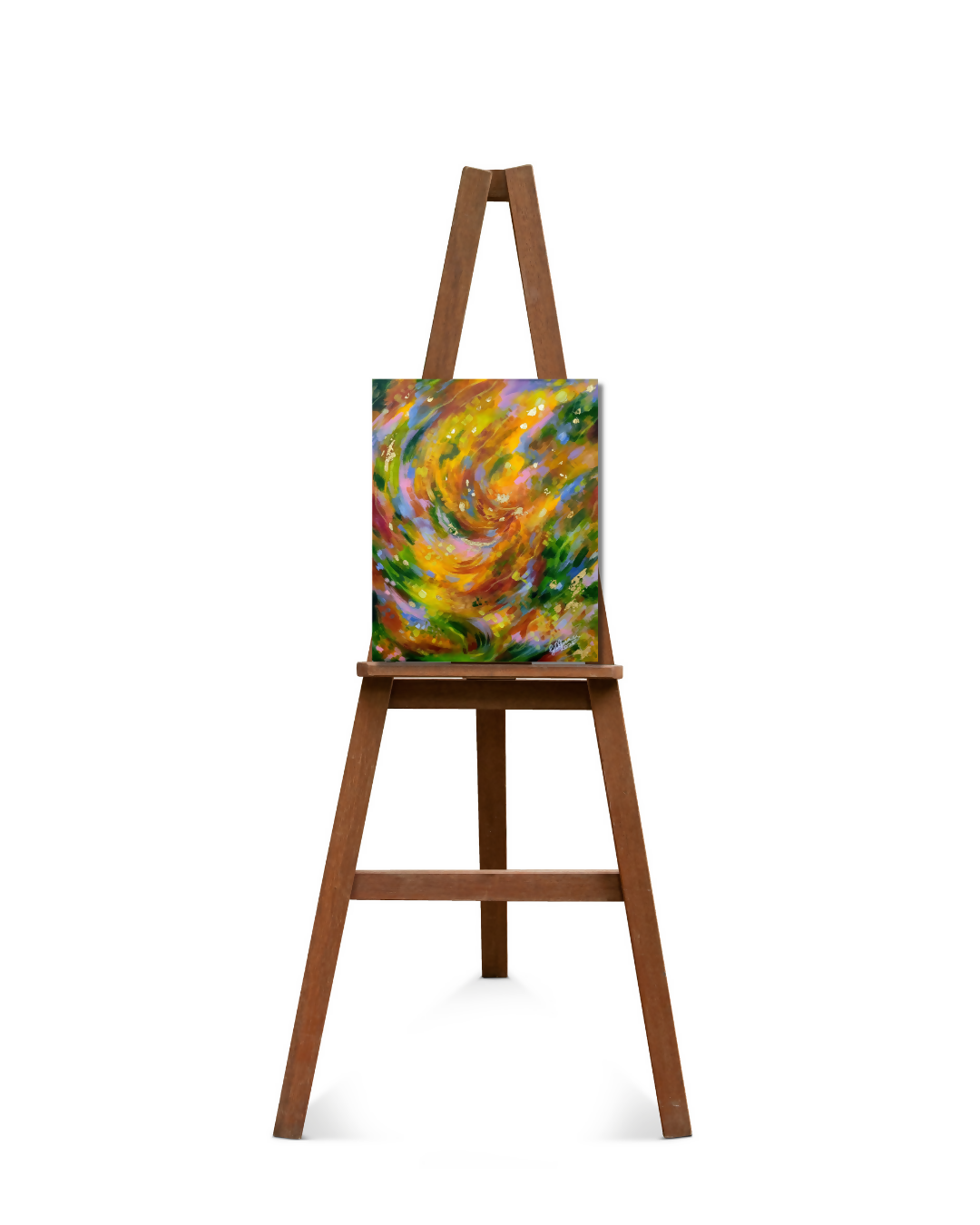 A colorful abstract swirl painting displayed on a wooden easel against a solid white background.