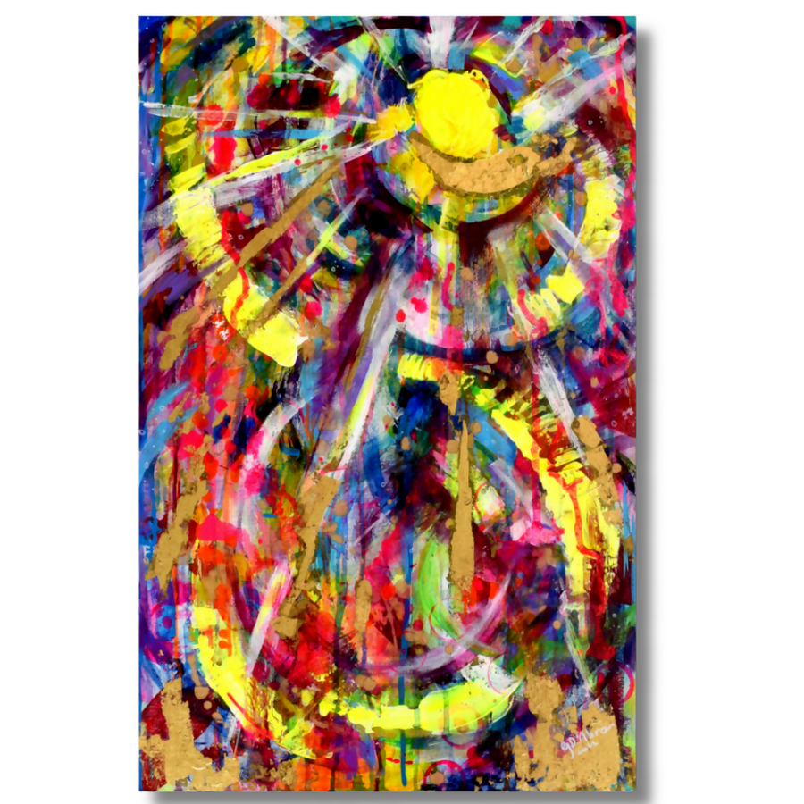An abstract canvas wall art print featuring a vibrant, expressive composition of yellow, red, blue, purple, and gold paint strokes on a white background.