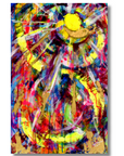 An abstract canvas wall art print featuring a vibrant, expressive composition of yellow, red, blue, purple, and gold paint strokes on a white background.