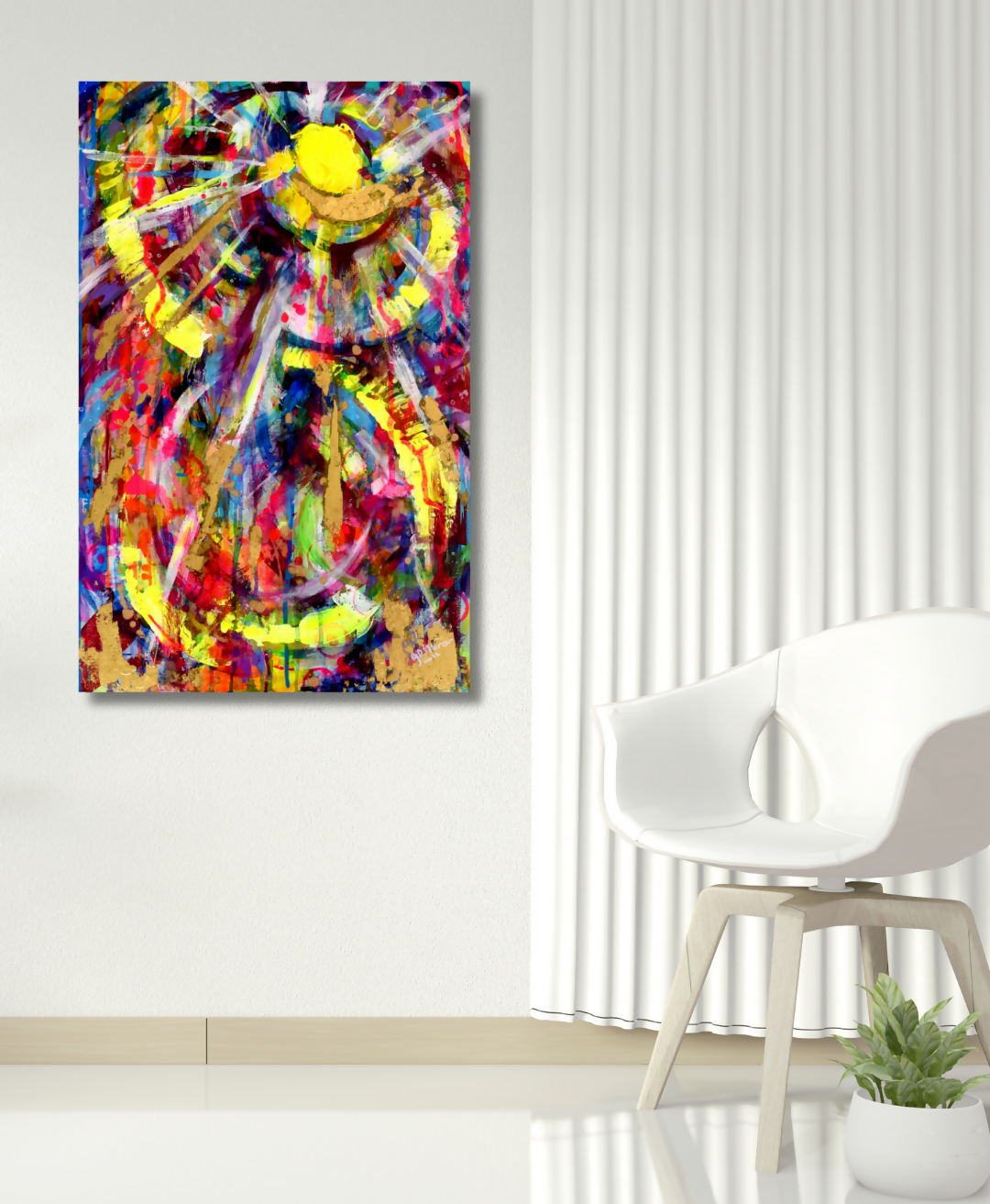 A colorful abstract canvas wall art print hanging on a white wall in a modern room setting with a white chair and a small potted plant.