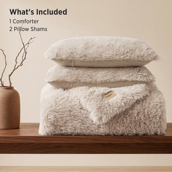 Beige faux fur comforter set: 1 comforter and 2 pillow shams