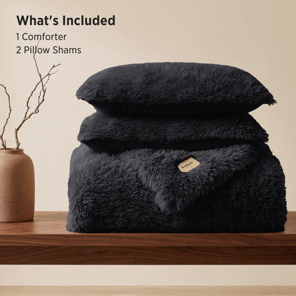 Black faux fur comforter set: 1 comforter and 2 pillow shams